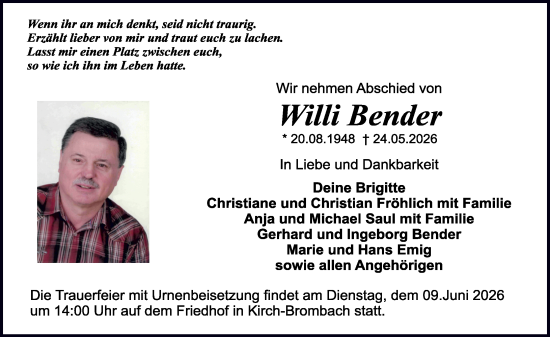 Traueranzeige von Willi Bender von Odenwälder Echo