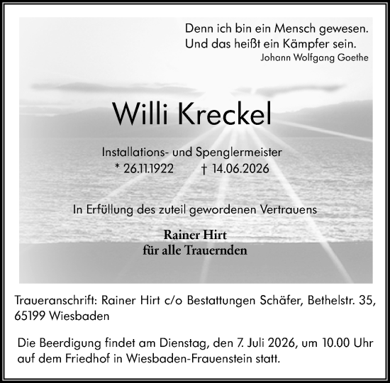 Traueranzeige von Willi Kreckel von Wiesbadener Kurier