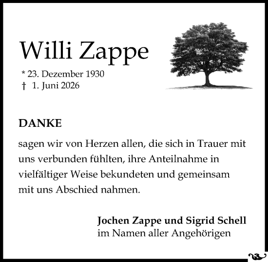 Traueranzeige von Willi Zappe von Rüsselsheimer Echo