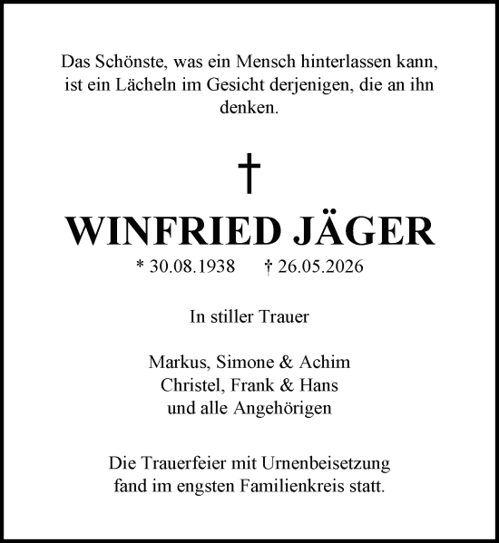 Traueranzeige von Winfried Jäger von Dieburger Anzeiger/Groß-Zimmerner Lokal-Anzeiger
