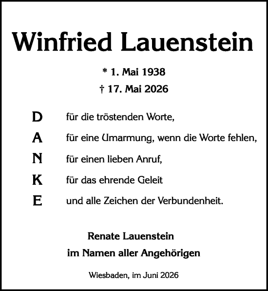 Traueranzeige von Winfried Lauenstein von Wiesbadener Kurier