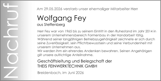 Traueranzeige von Wolfgang Fey von Hinterländer Anzeiger