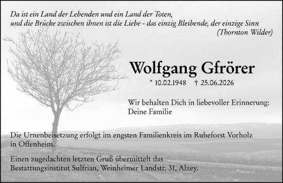 Traueranzeige von Wolfgang Gfrörer von Allgemeine Zeitung Alzey