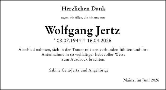 Traueranzeige von Wolfgang Jertz von Allgemeine Zeitung Mainz