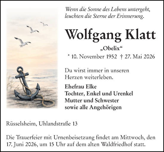 Traueranzeige von Wolfgang Klatt von Rüsselsheimer Echo