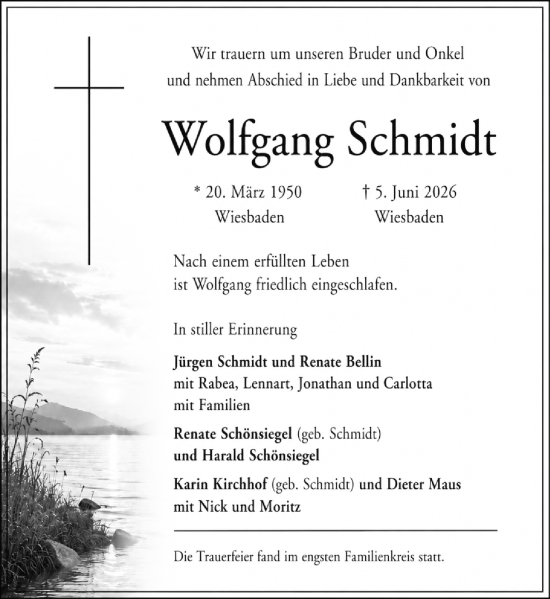 Traueranzeige von Wolfgang Schmidt von Wiesbadener Kurier