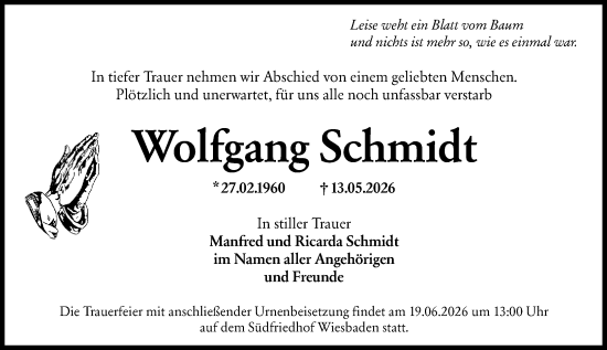 Traueranzeige von Wolfgang Schmidt von Wiesbadener Kurier