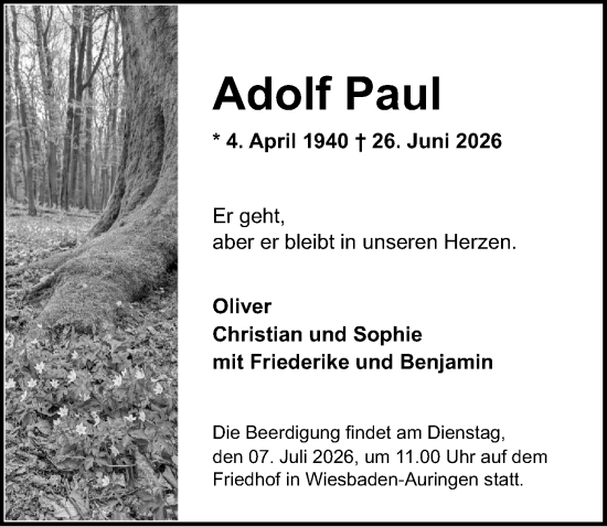 Traueranzeige von Adolf Paul von Wiesbadener Kurier