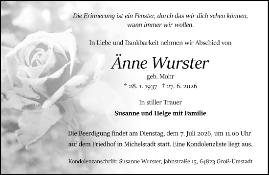 Traueranzeige von Änne Wurster von Odenwälder Echo