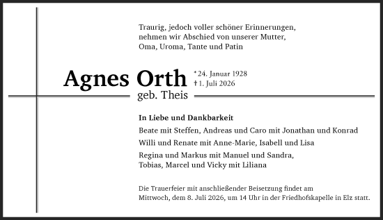 Traueranzeige von Agnes Orth von Nassauische Neue Presse