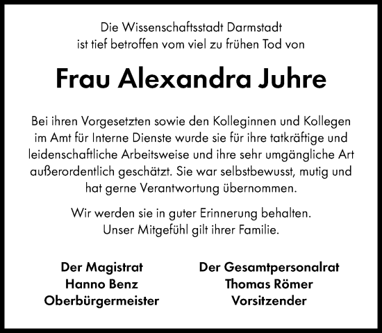Traueranzeige von Alexandra Juhre von Darmstädter Echo