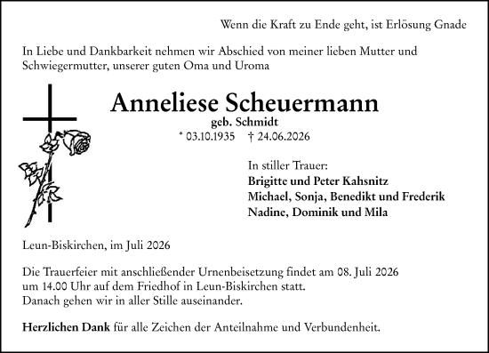Traueranzeige von Anneliese Scheuermann von Wetzlarer Neue Zeitung