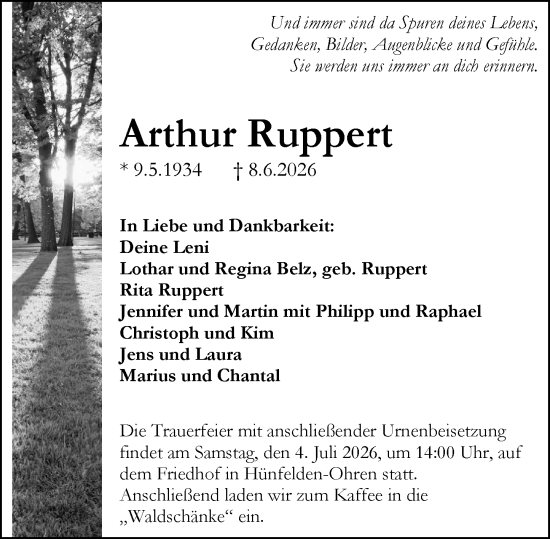 Traueranzeige von Arthur Ruppert von Camberger Anzeiger