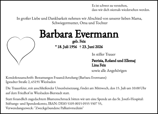 Traueranzeige von Barbara Evermann von Wiesbadener Kurier