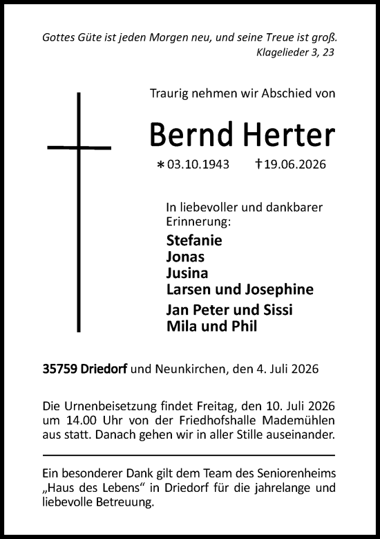 Traueranzeige von Bernd Herter von Dill Block