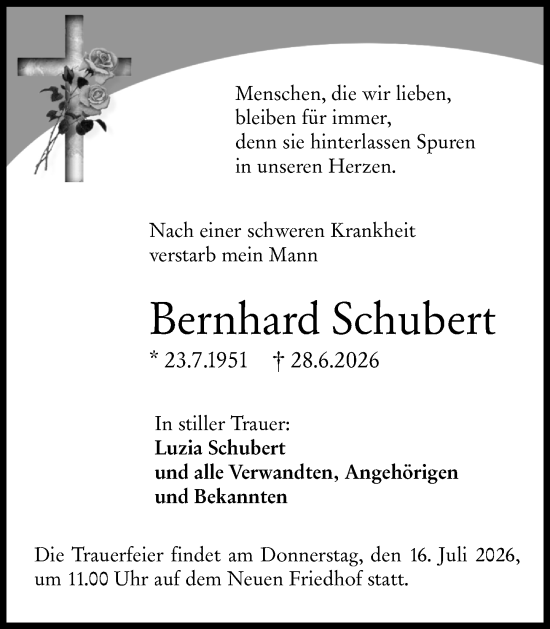 Traueranzeige von Bernhard Schubert von Hochheimer Zeitung