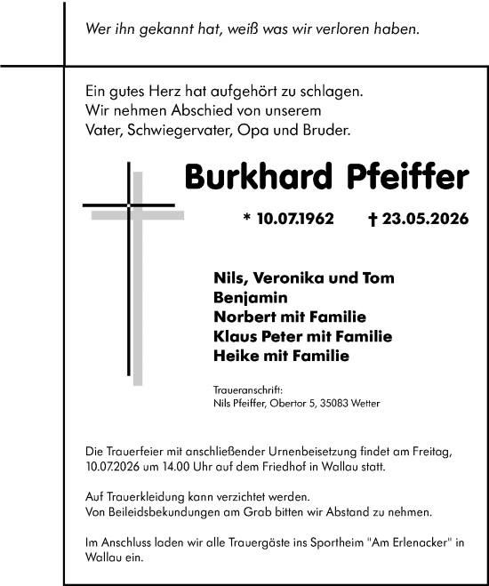 Traueranzeige von Burkhard Pfeiffer von Hinterländer Anzeiger