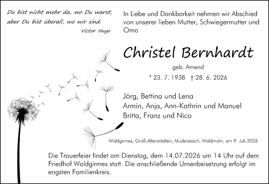 Traueranzeige von Christel Bernhardt von Wetzlarer Neue Zeitung