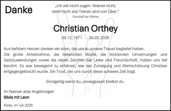 Traueranzeige von Christian Orthey von Allgemeine Zeitung Alzey