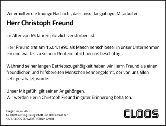 Traueranzeige von Christoph Freund von Dill Block