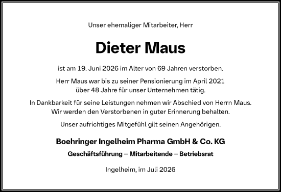 Traueranzeige von Dieter Maus von Allgemeine Zeitung Rheinhessen-Nahe