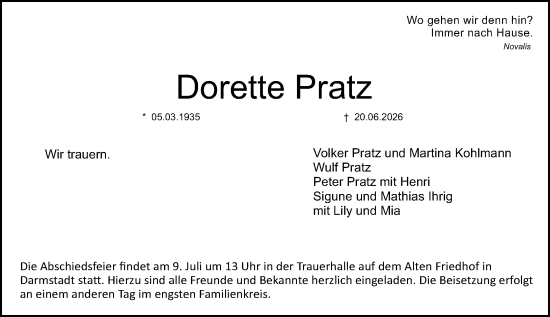 Traueranzeige von Dorette Pratz von Darmstädter Echo