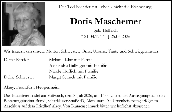 Traueranzeige von Doris Maschemer von Allgemeine Zeitung Alzey