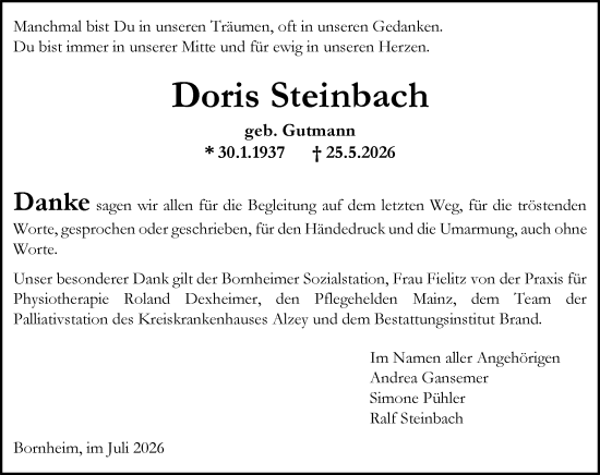 Traueranzeige von Doris Steinbach von Allgemeine Zeitung Alzey
