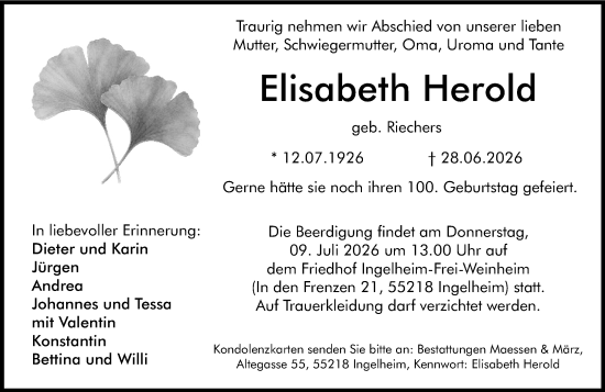 Traueranzeige von Elisabeth Herold von Allgemeine Zeitung Rheinhessen-Nahe