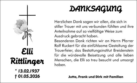 Traueranzeige von Elli Rittlinger von Hinterländer Anzeiger