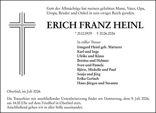Traueranzeige von Erich Franz Heinl von Wetzlarer Neue Zeitung