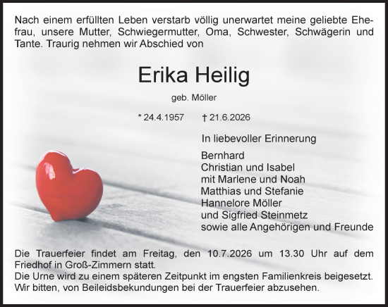 Traueranzeige von Erika Heilig von Dieburger Anzeiger/Groß-Zimmerner Lokal-Anzeiger