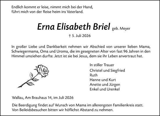 Traueranzeige von Erna Elisabeth Briel von Hinterländer Anzeiger