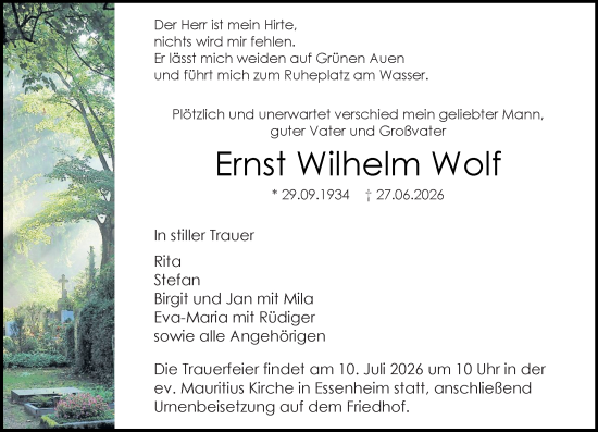 Traueranzeige von Ernst Wilhelm Wolf von Allgemeine Zeitung Mainz