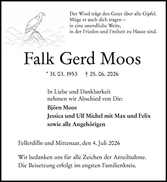 Traueranzeige von Falk Gerd Moos von Dill Block