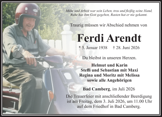 Traueranzeige von Ferdi Arendt von Camberger Anzeiger