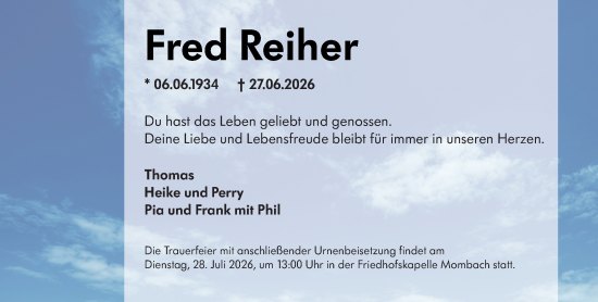 Traueranzeige von Fred Reiher von Allgemeine Zeitung Mainz