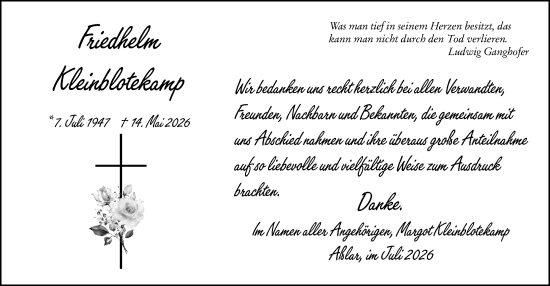 Traueranzeige von Friedhelm Kleinblotekamp von Wetzlarer Neue Zeitung