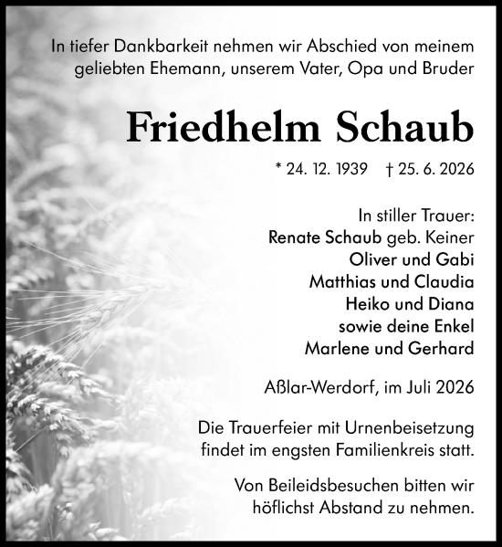 Traueranzeige von Friedhelm Schaub von Wetzlarer Neue Zeitung