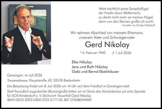 Traueranzeige von Gerd Nikolay von Allgemeine Zeitung Rheinhessen-Nahe