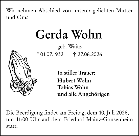 Traueranzeige von Gerda Wohn von Allgemeine Zeitung Mainz