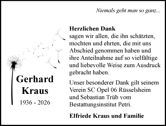 Traueranzeige von Gerhard Kraus von Rüsselsheimer Echo