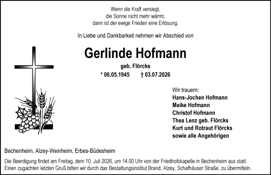Traueranzeige von Gerlinde Hofmann von Allgemeine Zeitung Alzey