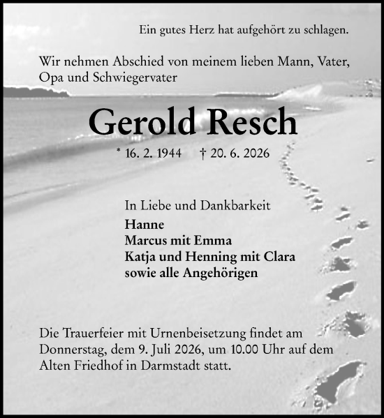 Traueranzeige von Gerold Resch von Darmstädter Echo