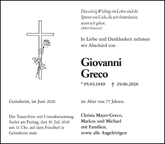Traueranzeige von Giovanni Greco von Groß-Gerauer Echo