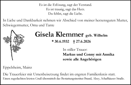 Traueranzeige von Gisela Klemmer von Allgemeine Zeitung Alzey