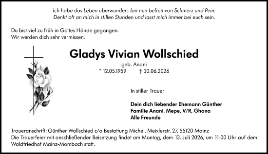 Traueranzeige von Gladys Vivian Wollschied von Allgemeine Zeitung Mainz