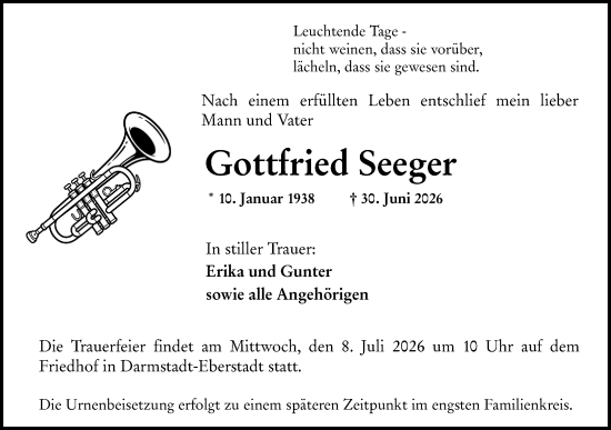 Traueranzeige von Gottfried Seeger von Darmstädter Echo