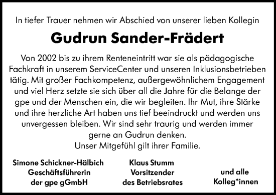 Traueranzeige von Gudrun Sander-Frädert von Allgemeine Zeitung Mainz