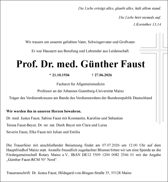 Traueranzeige von Günther Faust von Allgemeine Zeitung Mainz